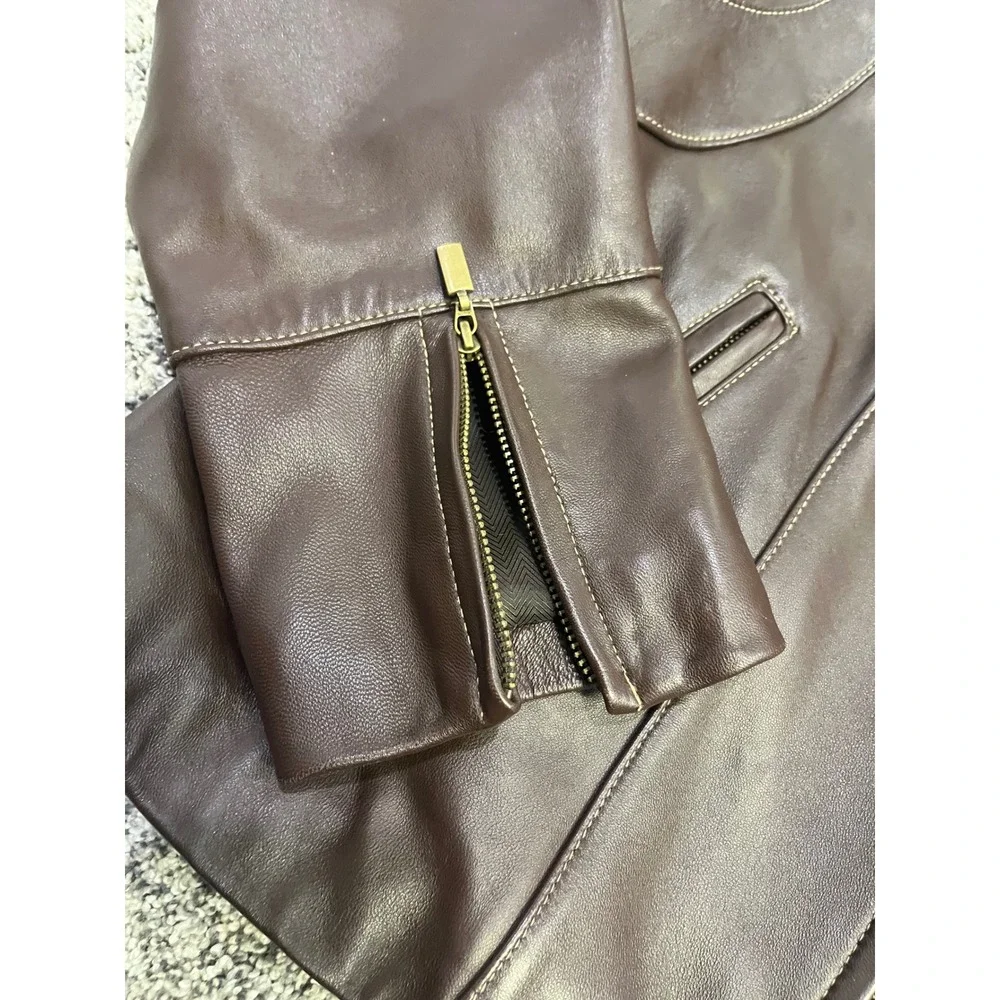 Luxury Women's Genuine Leather Real Fur Collar Jacket Brown Warm Winter Coat Y2K - Picture 4 of 14